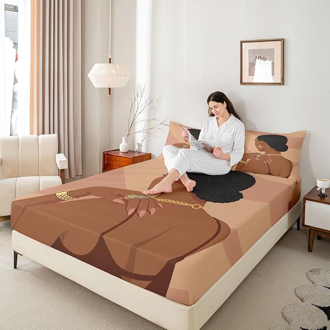 Erosebridal Fashion Black Woman Bedding Set Queen Size 3 Piece Romantic Makeup Themed Girls Bed Sheets Fashionable Gorgeous Fitted Sheet Vogue Afro Girls Sheets for Kids Teens Adult Bedroom
