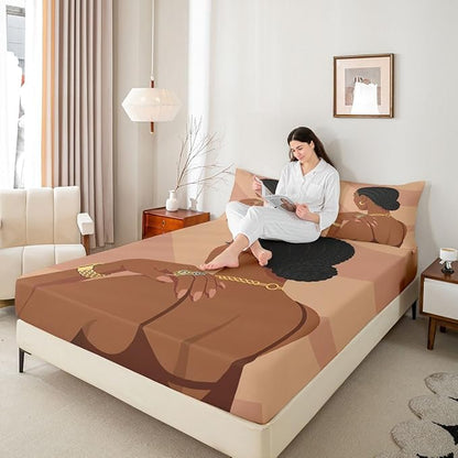 Erosebridal Fashion Black Woman Bedding Set Queen Size 3 Piece Romantic Makeup Themed Girls Bed Sheets Fashionable Gorgeous Fitted Sheet Vogue Afro Girls Sheets for Kids Teens Adult Bedroom
