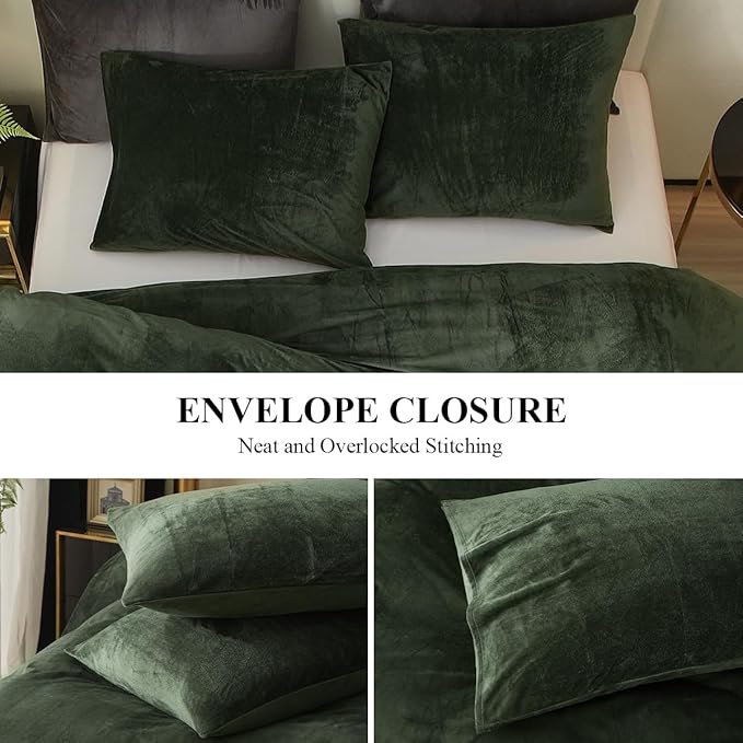 Ivellow Velvet Duvet Cover King Set Dark Green Comforter Cover 3Pcs Ultra Soft Cover Breathable Solid Luxury Flannel Velour Duvet Cover Zipper Closure Corner Tie