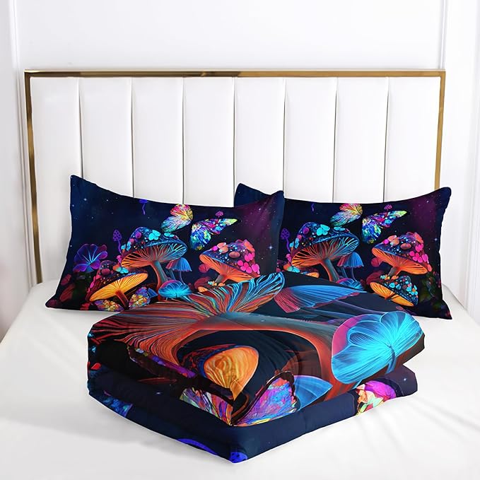 Mushroom Bedding - King Bed Comforter Set, Black & Cute Boho Mushroom Bedroom Decor