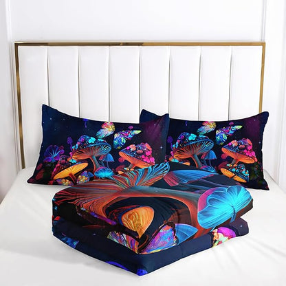 Mushroom Bedding - King Bed Comforter Set, Black & Cute Boho Mushroom Bedroom Decor