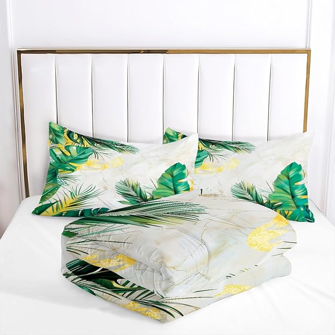 Tropical Palm Leaf Comforter Set King 3Pcs White Gold Marble Bedding Set Green Botanical Palm Leaves Bedding Soft Down Alternative Comforter Sets with 2 Pillowcases