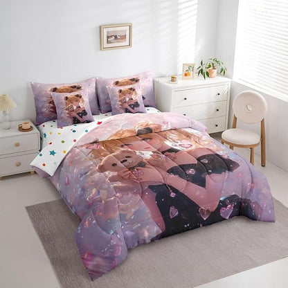 Erosebridal Bow Girls Bedding Set Pink Kawaii Cartoon Anime Kids Twin Comforter Set 7 Piece,Romantic Aesthetic Princess Bed in A Bag Japanese Style Girl Bed Set
