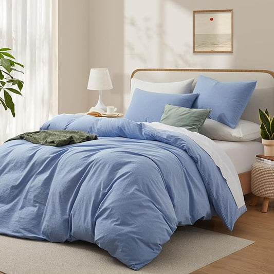 LOVQUE Light Blue Duvet Cover Full Size, 100% Washed Cotton Linen Like Bedding Set with Zipper Closure (No Comforter), 80x90 Inches