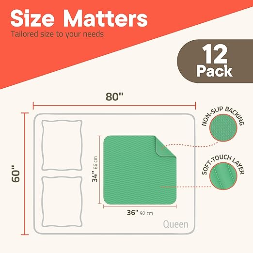 Washable Underpads Large 34"x36" (Pack of 12) – Reusable Waterproof Bed Pads for Adults & Seniors, Extra Heavy Absorbency Incontinence & Bedwetting Pads, Soft Non-Slip TPU Backing, Green.