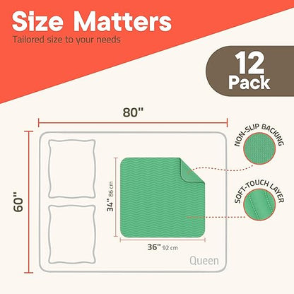 Washable Underpads Large 34"x36" (Pack of 12) – Reusable Waterproof Bed Pads for Adults & Seniors, Extra Heavy Absorbency Incontinence & Bedwetting Pads, Soft Non-Slip TPU Backing, Green.