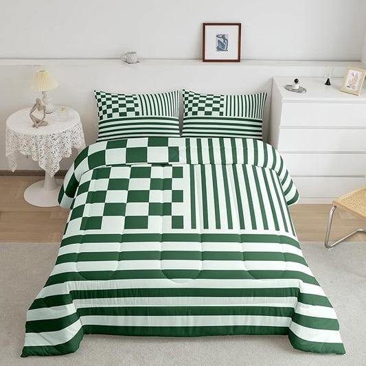 Green Plaid Comforter Set Fashion Buffalo Check Bedding Set Green Stripes Geometric Bedding Home Decor Modern Simple Style Comforter Full Size Quilted Duvet Set 1 Comforter with 2 Pillowcase