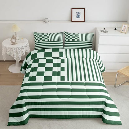 Green Plaid Comforter Set Fashion Buffalo Check Bedding Set Green Stripes Geometric Bedding Home Decor Modern Simple Style Comforter Queen Size Quilted Duvet Set 1 Comforter with 2 Pillowcase
