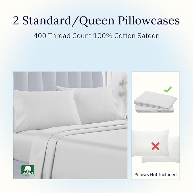 California Design Den Queen/Standard Pillow Cases Set of 2-400 Thread Count Sateen, Natural 100% Cotton Pillowcases Queen, Soft, Roomy and Breathable - Silver