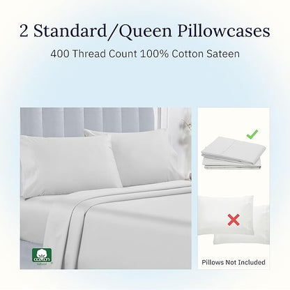 California Design Den Queen/Standard Pillow Cases Set of 2-400 Thread Count Sateen, Natural 100% Cotton Pillowcases Queen, Soft, Roomy and Breathable - Silver
