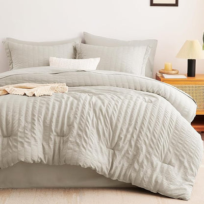 CozyLux Twin XL Comforter Set with Sheets Seersucker Beige 5 Pieces Bed in a Bag, Twin Extra Long Luxury Soft Bedding Sets for College Dorm with Down Alternative Comforter, Sheets, Pillowcase & Sham