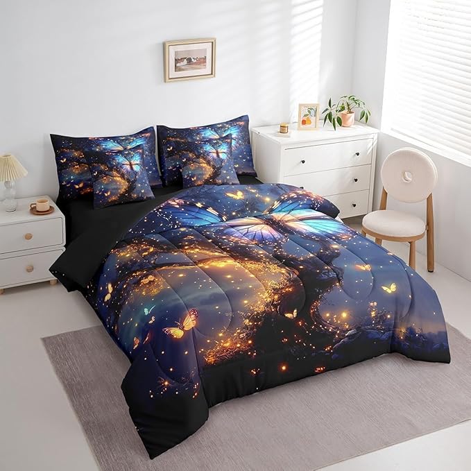 Feelyou Tree of Life Comforter Set 7 Pieces Queen Size Butterfly Bedding Set for Boys Girls Boho Bed in a Bag with Comforter, Sheets, Pillowcases & Cushion Covers