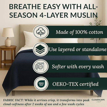 CLOUDSCAPE 100% Cotton 4 Layer Muslin Blanket Queen Size, Oversized, 92x92 Fits Upto Full Size Bed, Soft Breathable, Lightweight Layering, Summer Blanket for Adults, Spring Gift Idea - Ensign Blue