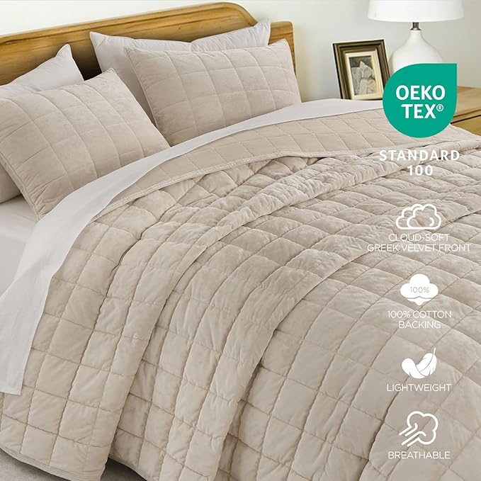 KASENTEX Greek Velvet Twin Quilt Set, 3× Softer Luxe Sheen, 100% Cotton Backing, 150GSM Down-Alternative Fill, Expanded 68×90" Coverage for Fuller Side Drape (1 Quilt + 1 Pillow Shams), Sandshell