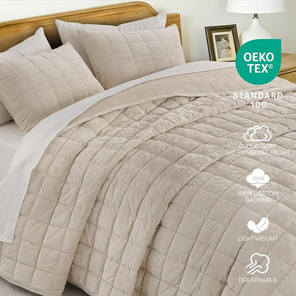 KASENTEX Greek Velvet Twin Quilt Set, 3× Softer Luxe Sheen, 100% Cotton Backing, 150GSM Down-Alternative Fill, Expanded 68×90" Coverage for Fuller Side Drape (1 Quilt + 1 Pillow Shams), Sandshell
