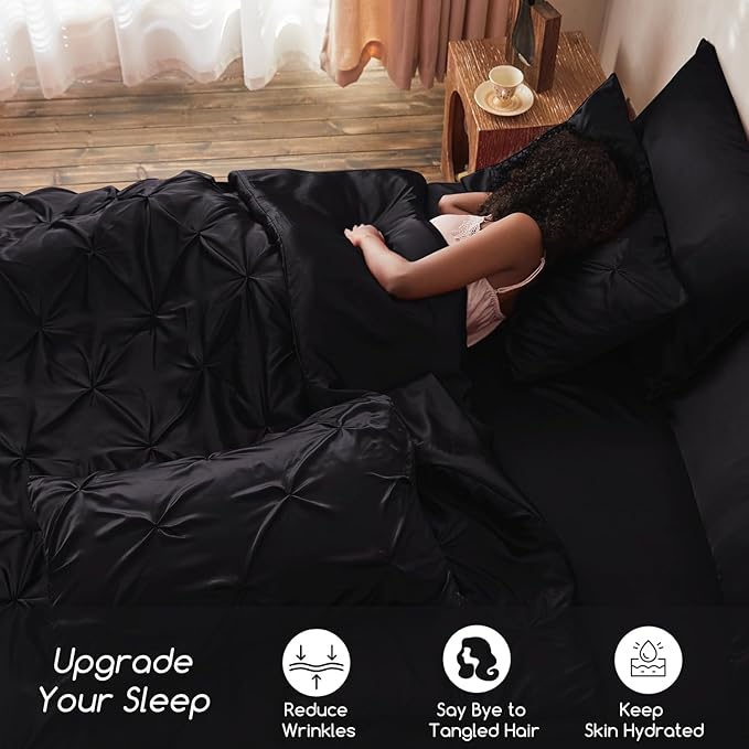 MR&HM Satin Comforter California King 7 Pieces Black - Luxurious Pinch Pleat Bedding Set with Comforter, Flat Sheet, Fitted Sheet, Pillowcases & Shams, Super Silky Soft Bed Set for All Season