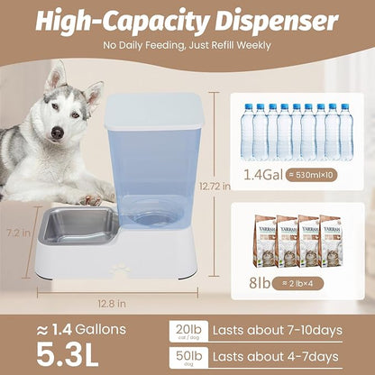 Automatic 5.4L/1.4Gal Pet Waterer, Automatic Dog Water Dispenser Gravity Stainless Steel Water Feeder, Large Capacity Feeding Bowls for Cats and Medium & Large-Sized Dogs (White, Food+Water)