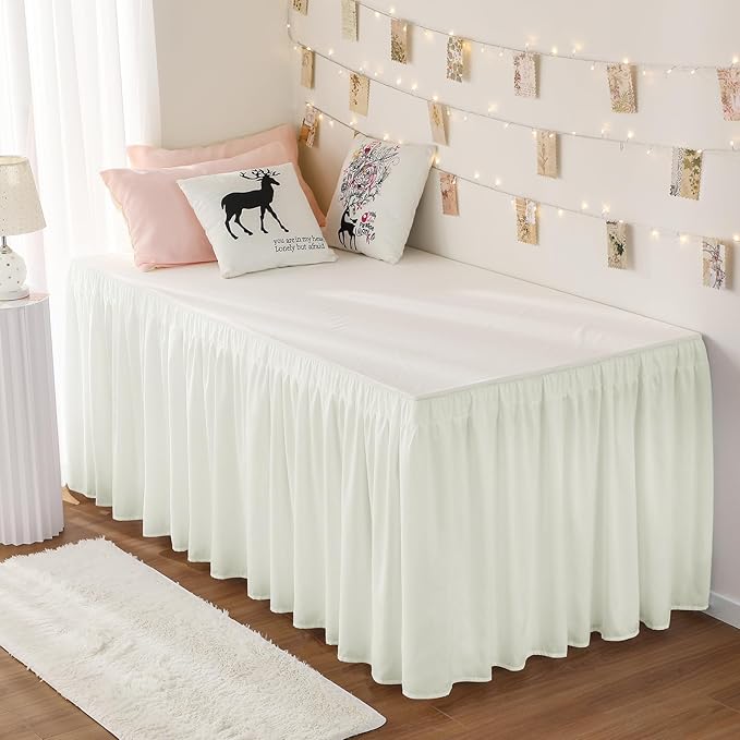 RIMELA Dorm Bed Skirt Twin XL 46 Inch Drop, Easy to Install Extra Long Wrap Around Elastic Dust Ruffle, Cream Bedskirt Solid Silky Fabric (Twin XL 80“L x 39”W & Twin 75“L x 39”W)