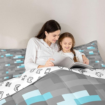 Pixelated Blocks Miners Kids Bedding Set Queen Size,Video Games Game Gamepad Comforter Set,Geometric Grid Patchwork Quilt Comforter,Gray Blue Bedroom Duvet Insert,2 Pillowcases