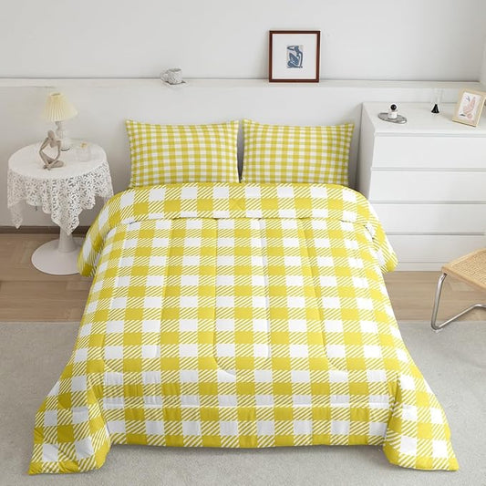 Manfei Yellow Plaid Comforter Set Buffalo Check Plaid Bedding Set Classic Gingham Pattern Bedding Home Decor Yellow White Scottish Comforter King Size Quilted Duvet Set 1 Comforter with 2 Pillowcase