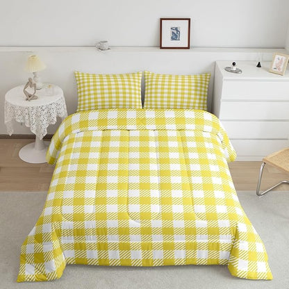 Manfei Yellow Plaid Comforter Set Buffalo Check Plaid Bedding Set Classic Gingham Pattern Bedding Home Decor Yellow White Scottish Comforter Twin Size Quilted Duvet Set 1 Comforter with 1 Pillowcase