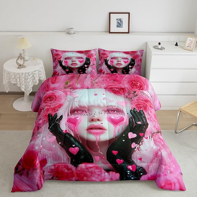 Erosebridal Anime Pink Bedding Kawaii Girl Kids Comforter Sets for Girls Romance Rose Modern Lady Bed Set, Romantic Japanese Girl Down Comforter with Love Hearts Duvet Set Full with 2 Pillowcases