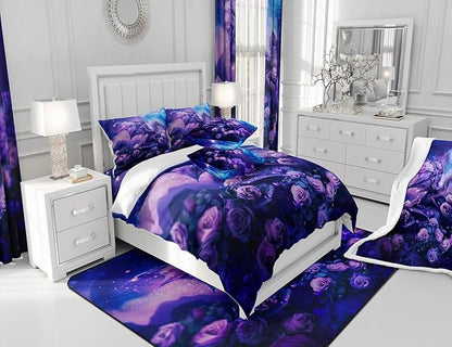 Dragon Comforter Set King Size,Purple Nebula Galaxy Bedding Set for Kids Boys Girls Room Decor,Starry Sky Rose Flower Duvet Insert 3Pcs,Western Magical Dragon Microfiber Quilt Set,2 Pillowcases