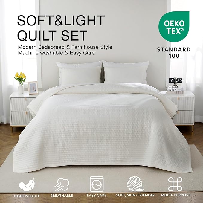 XL King Quilt Set – 108"x98" Soft Washed 3-Layer Lightweight Bedspread with Multi-Lock Quilting, Minimalist Nordic Bedding, All-Season Quilt for Spring & Summer (1 Quilt + 2 Pillow Shams),Cream White