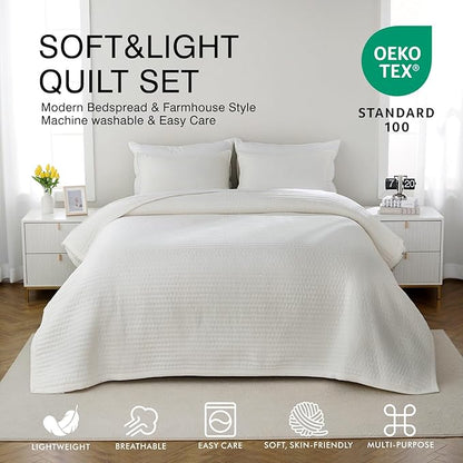 XL King Quilt Set – 108"x98" Soft Washed 3-Layer Lightweight Bedspread with Multi-Lock Quilting, Minimalist Nordic Bedding, All-Season Quilt for Spring & Summer (1 Quilt + 2 Pillow Shams),Cream White