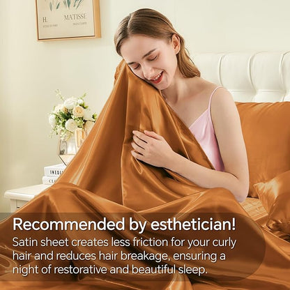 BEDELITE King Size Sheets Set, Luxury Soft Burnt Orange Satin Sheets for Hair and Skin, Similar to Silk Bed Sheets Set 4 Pieces with 1 Deep Pocket Fitted Sheet, 1 Flat Sheet, and 2 Pillowcases