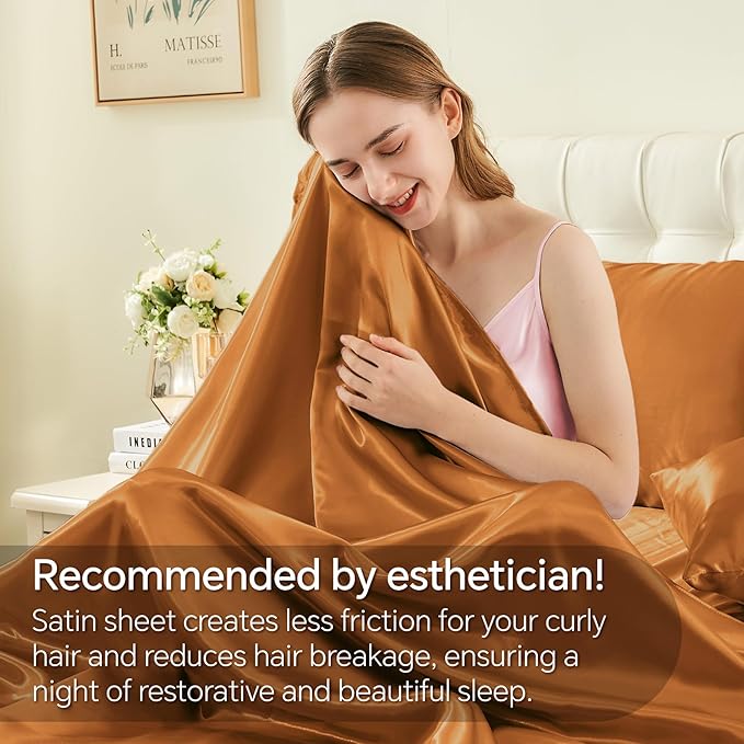 BEDELITE Satin Sheets Queen Size Bed Set, Luxury Soft Burnt Orange Silky Sheets for Hair and Skin, Similar to Silk Bed Sheets Set 4 Pieces with 1 Deep Pocket Fitted Sheet, 1 Flat Sheet, 2 Pillowcases