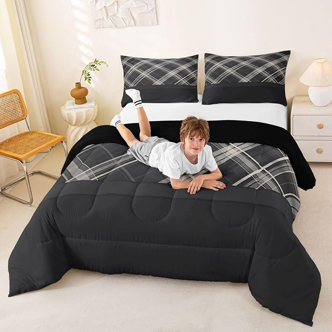 Erosebridal Grey Plaid Comforter Sets Twin,Grey Printed and Spliced Plaid Herringbone Bedding Set for Adult,Farmhouse Grey Quilt Set,Modern Simple Lattice Duvet Insert with 1 Pillowcase Lightweight