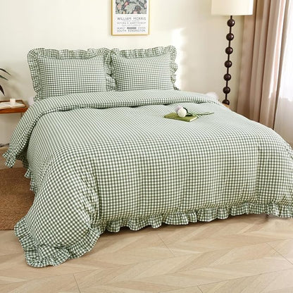 Sage Green/White Plaid Ruffle Duvet Cover Full Size,100% Washed Cotton 3 Pcs Vintage Checkered Chic Gingham Farmhouse Bedding Set Comforter Cover Set