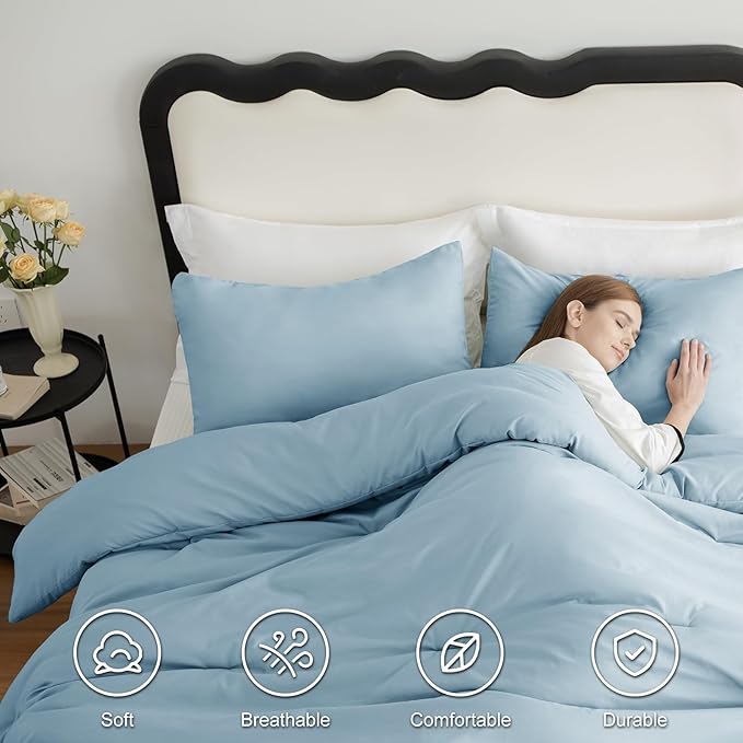 CozyLux Full Size Comforter Set Light Blue, 3 Pieces Solid Breathable Quilted Bedding Sets, Luxury Lightweight Soft Bed Set with Down Alternative Comforter and 2 Pillowcases for All Seasons