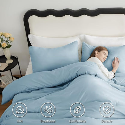 CozyLux Full Size Comforter Set Light Blue, 3 Pieces Solid Breathable Quilted Bedding Sets, Luxury Lightweight Soft Bed Set with Down Alternative Comforter and 2 Pillowcases for All Seasons