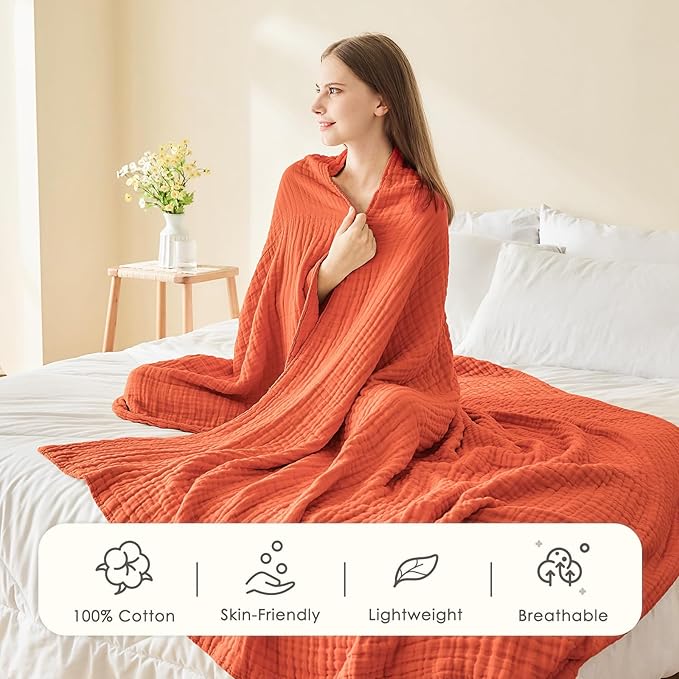 EMME Cotton Muslin Twin XL Blanket Breathable Gauze Soft Lightweight Adults Gifts for Women (Heather Orange Rust, 66"x90")