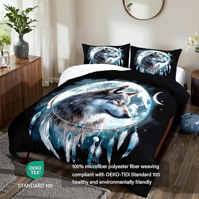 Wolf Comforter Set Queen Size, Wolves Moon Bedding Set, Dream Catcher & Animal Pattern on Black Bedding, Western Boho Tribal Comforter Soft Microfiber Down Quilt 3 Pieces