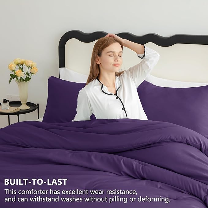CozyLux King Size Comforter Set Purple, 3 Pieces Solid Comforters King Size Breathable Quilted Bedding Set, Luxury Soft Lightweight Bed Set with Down Alternative Comforter and 2 Pillowcases All Season