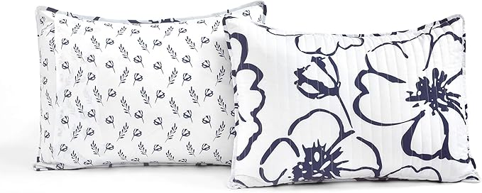 Lush Decor Scandinavian Floral Quilt Queen Size Reversible 3 Piece Set Full/Queen Navy & White - Floral Bedding Set Queen Quilt - White Bedding