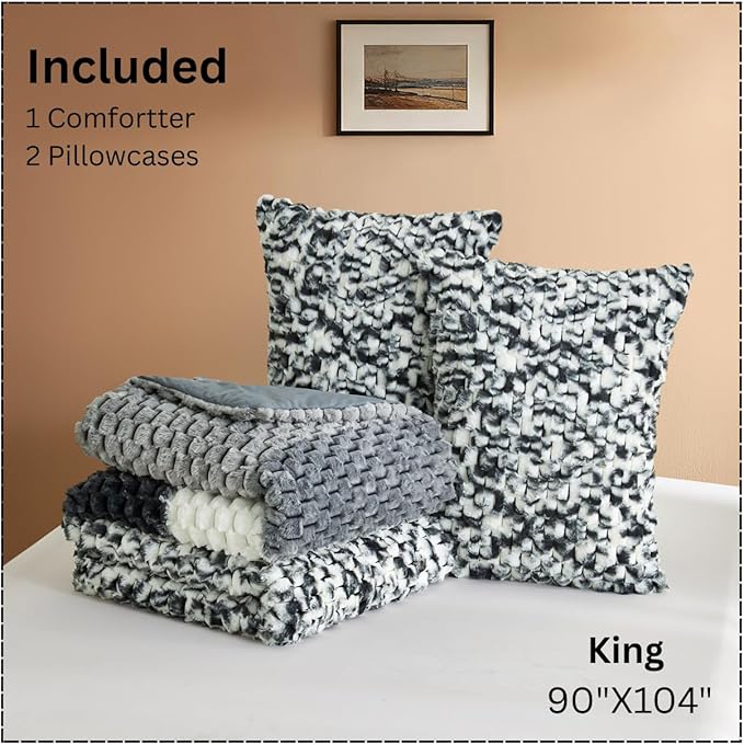 Petrichor Fluffy King Comforter Set - Black and White Striped Faux Fur Blanket for King Bed, Ultra-Soft Warm Bedding for Winter & Fall, Cozy 3 Piece Bed Set (1 Comforter & 2 Pillowcases)