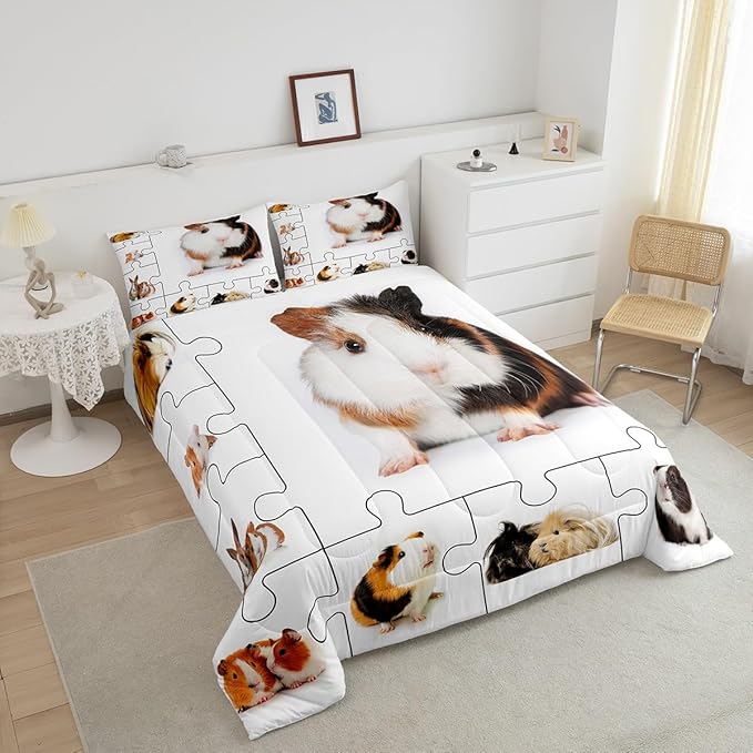 Guinea Pig Comforter Set King,Lovely Animals 3D Cavy Bedding Set for Boys Girls Teens Bedroom Decor,Cute Guinea Pigs Pet Quilt Set Super Soft Duvet Set,Gift for Her Him