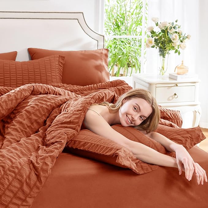 CozyLux Queen Comforter Set Burnt Orange Seersucker 7 Pieces Bed in a Bag Queen Comforter Set with Sheets, Terracotta Luxury Bedding Sets with Down Alternative Comforter, Sheets, Pillowcases & Shams