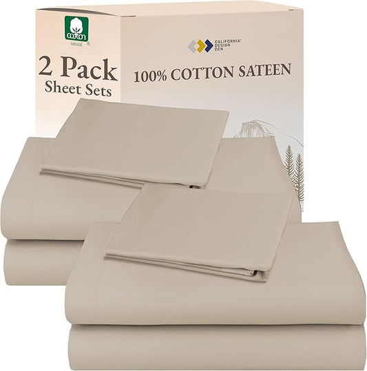 California Design Den 100% Cotton 2-Pack Twin Size Bed Sheets, Soft & Durable Twin Bed Sheets Set with 12" Pockets, Twin Sheet Set with Sateen Sheets - Beige (Warm Taupe)