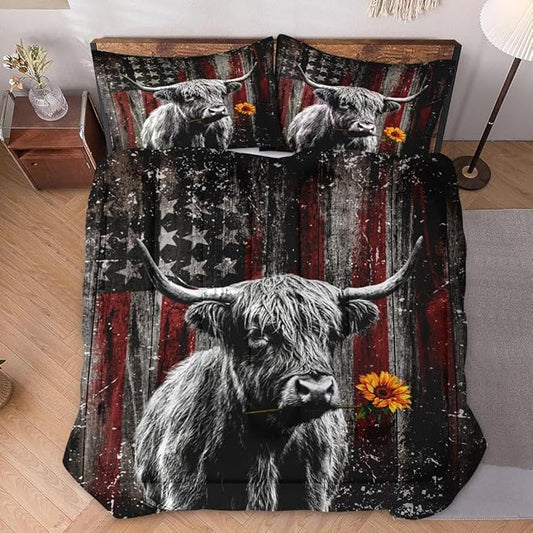 Full Size Comforter Set with 2 Pillowcases, Highland Cow Animal 3 Pcs Bedding for Kids and Adults, Farm American Flag Soft Comforter Set for Bedroom Bed Decor