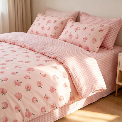 Pink Peach Comforter Set Full Size, Cute Fruit Soft Microfiber Bedding Set with Pink Plaid Backn, 3Pieces All Season Lightweight Summer Comforter Set for Girls