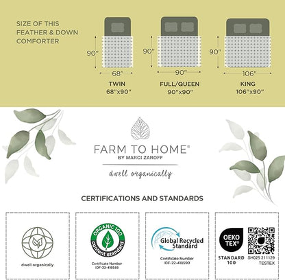 Farm To Home Organic Cotton Feather and Down Comforters Queen Size, 100% Organic Cotton Cover, All Seasons Duvet Insert, 4 Corner Tabs, Naturally Breathable White Bedding Comforters, 90"x90"