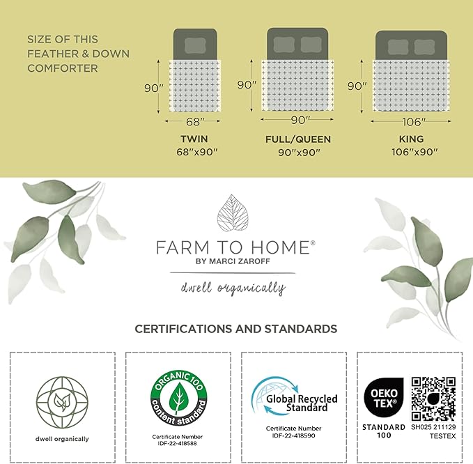 Farm To Home Organic Cotton Feather Down Comforter King Size, 100% Organic Cotton Cover, All Seasons Luxury Duvet Insert with Corner Tabs, Cozy Hotel Collections White Bedding Comforters, 106"x90"