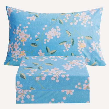 JSD Blue Floral Printed Sheet Set Twin Size, 3 Piece Soft Pattern Microfiber Sheets Extra Deep Pocket