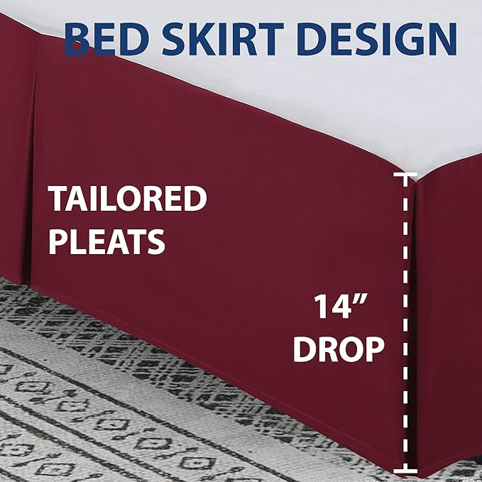 Cathay Home Double Brushed Microfiber Pleated Easy Fit Bed Skirt, Ultra Soft, Fade and Wrinkle Resistant - Burgundy, Queen