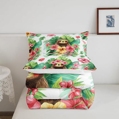 Erosebridal Cartoon Sloth Comforter Set Kawaii Sloth Bedding Palm Leaf Cherry Blossom Monstera Quilt Hawaiian Tropical Leaf Animal Duvet Insert for Kids Boys Girls, 3Pcs Full Size